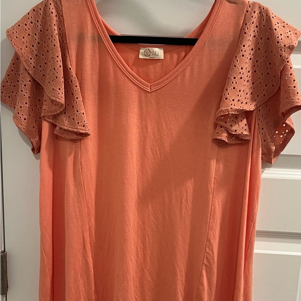 Elegant Coral Ruffle Sleeve Blouse